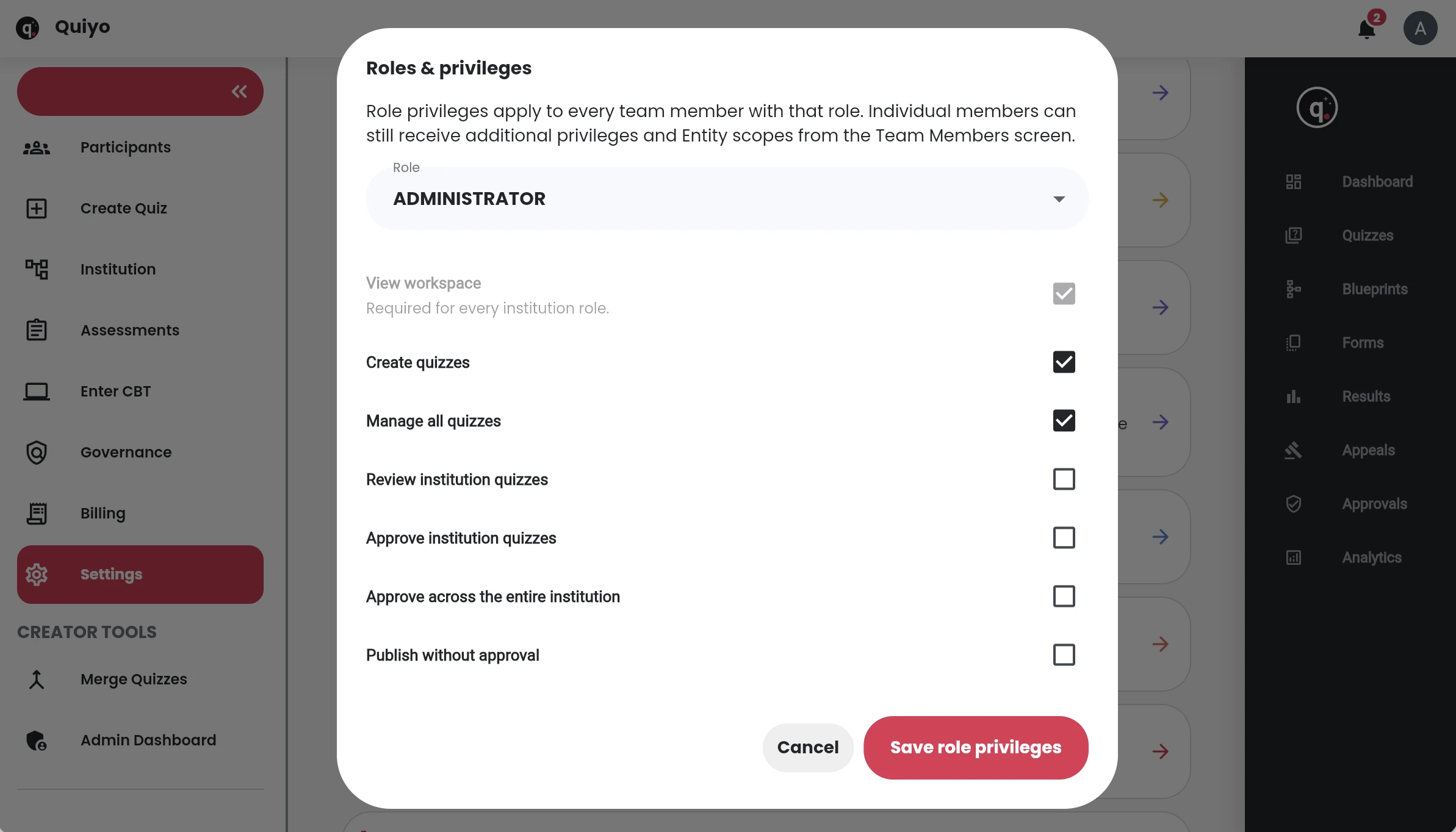 Define what each role can do in Quiyo Institution Workspace.