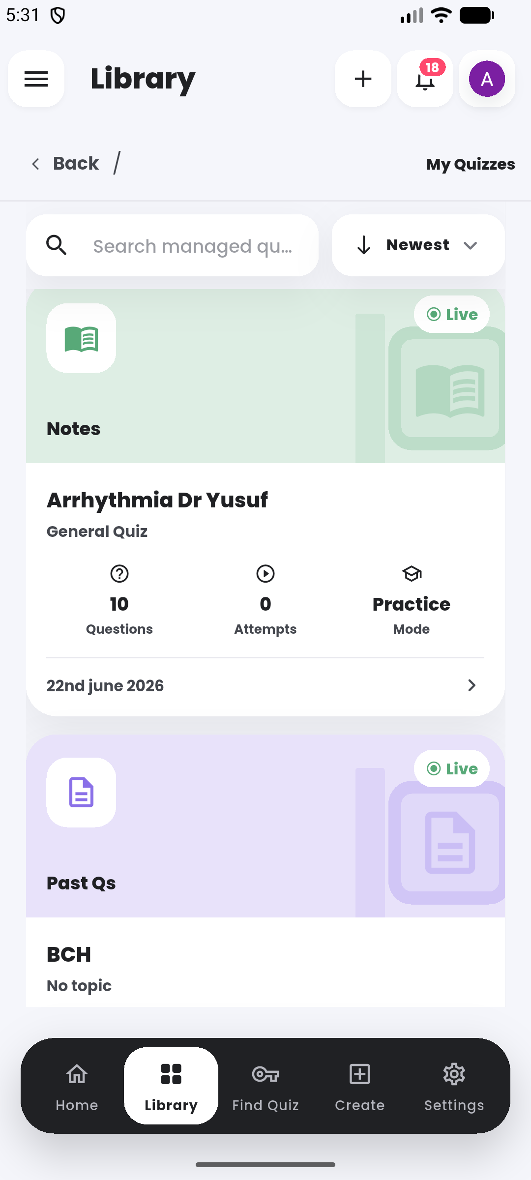 Quiz library in the Quiyo mobile app.