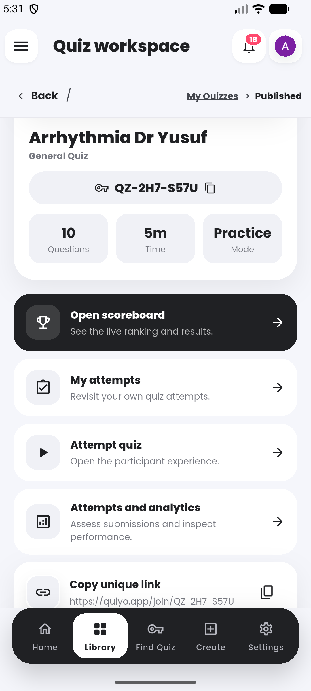 Published workspace in the Quiyo mobile app.