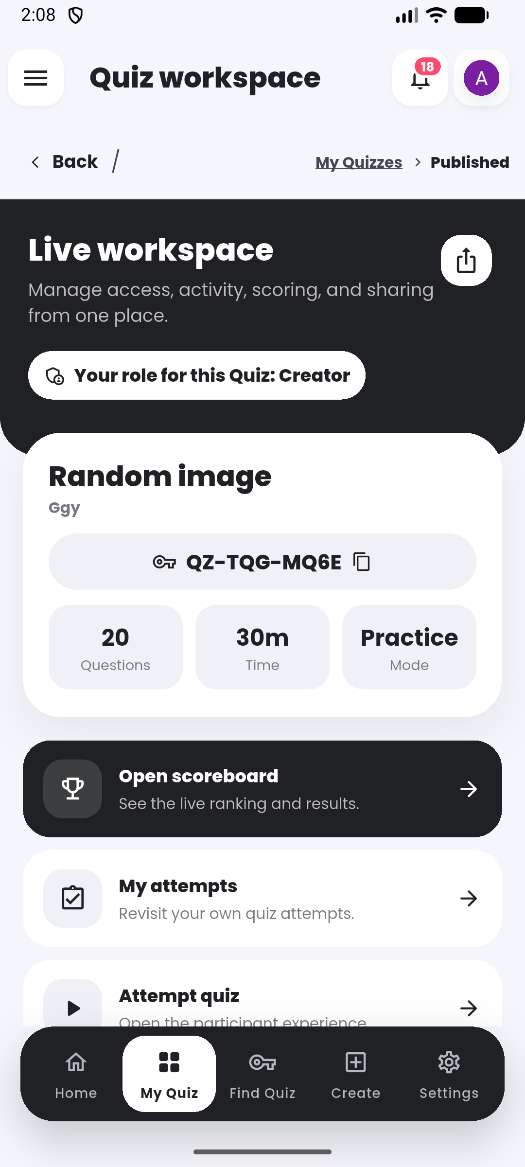 Live workspace in the Quiyo mobile app.