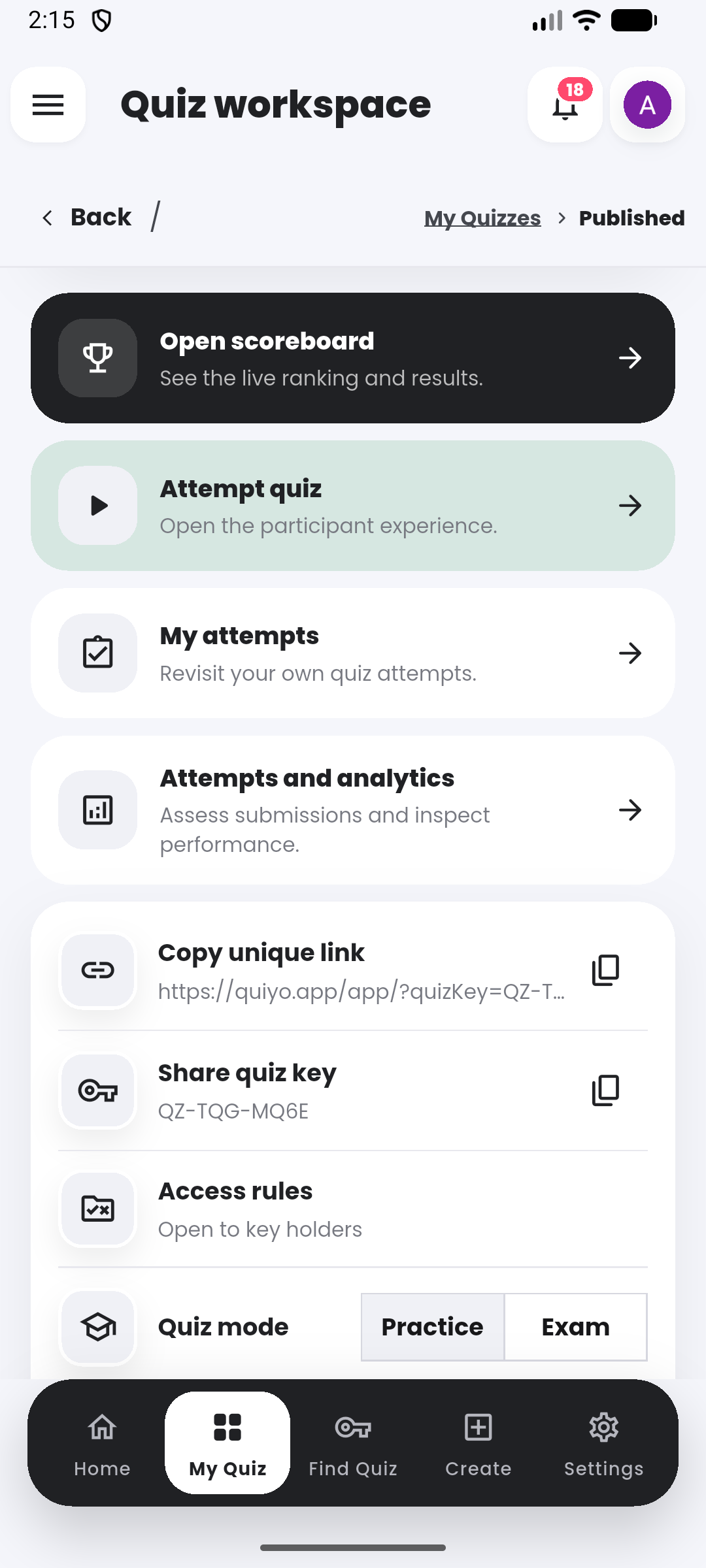 Sharing and access in the Quiyo mobile app.