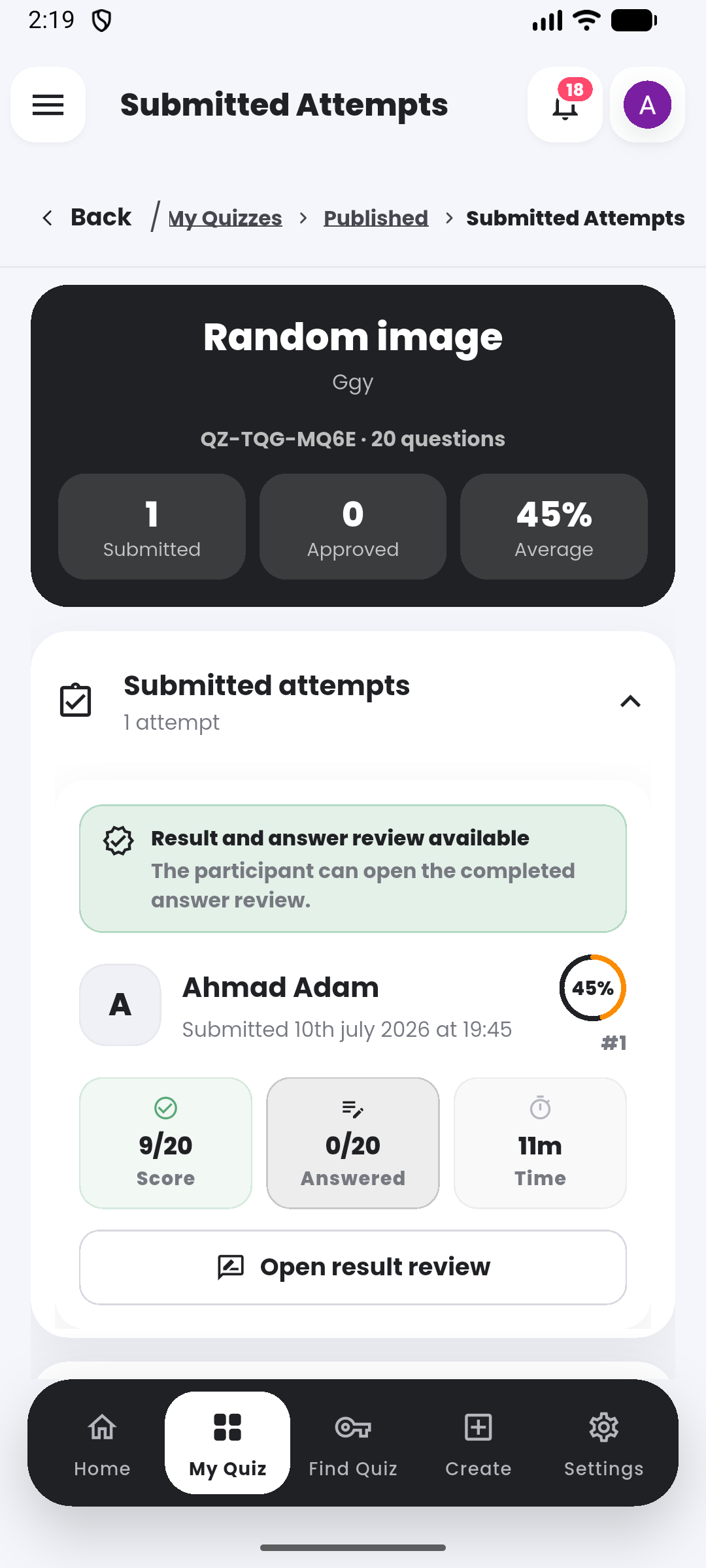 Submitted attempts in the Quiyo mobile app.