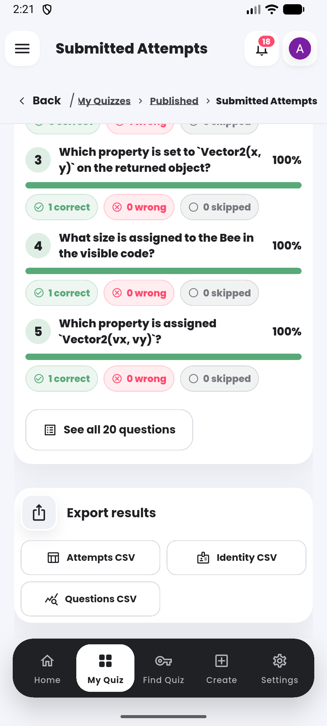 Export result data in the Quiyo mobile app.
