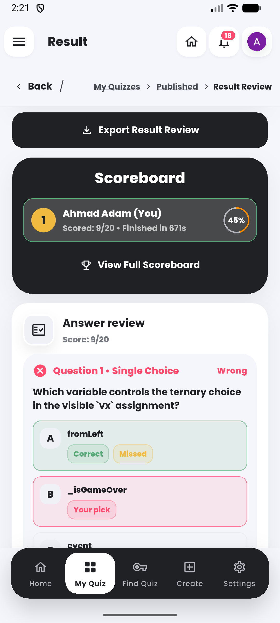 Answer review in the Quiyo mobile app.