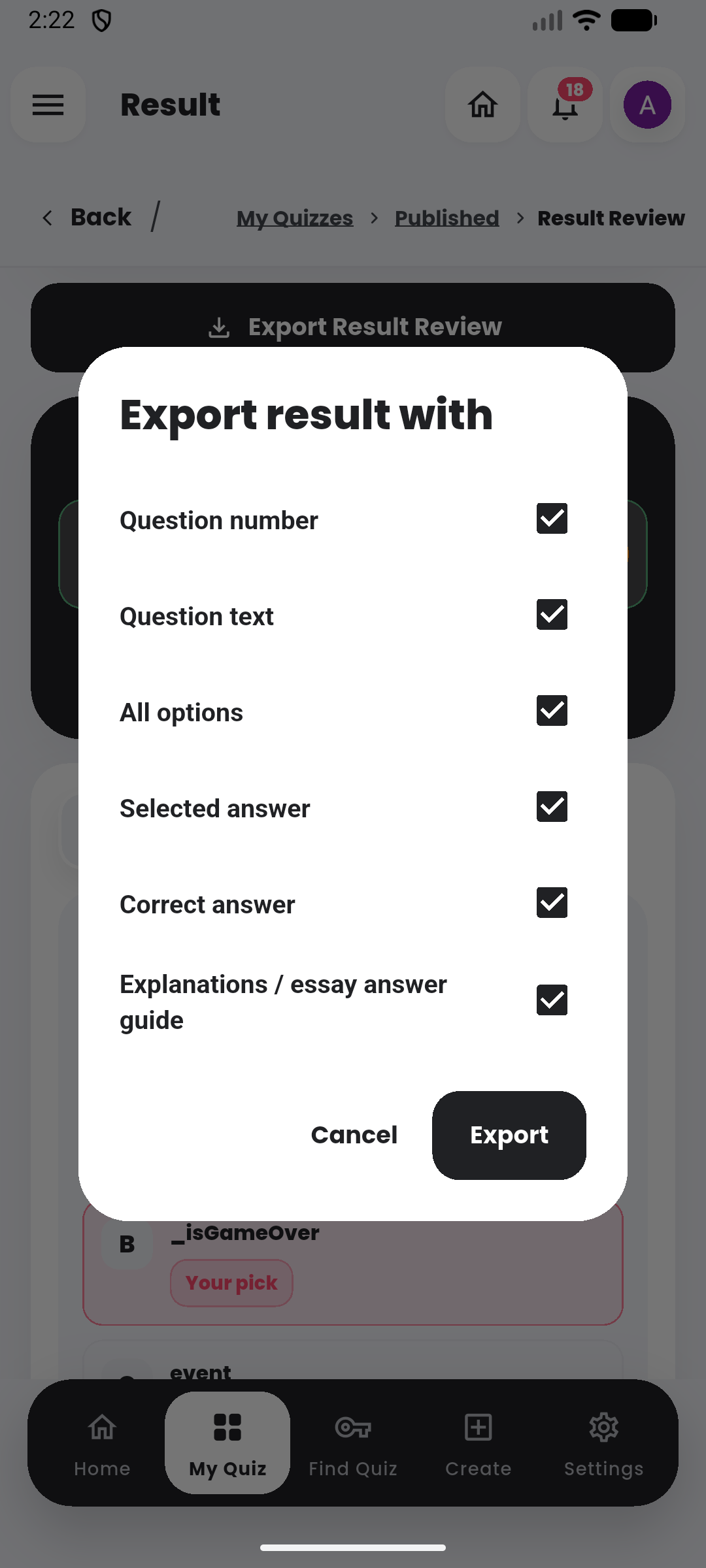 Configurable exports in the Quiyo mobile app.