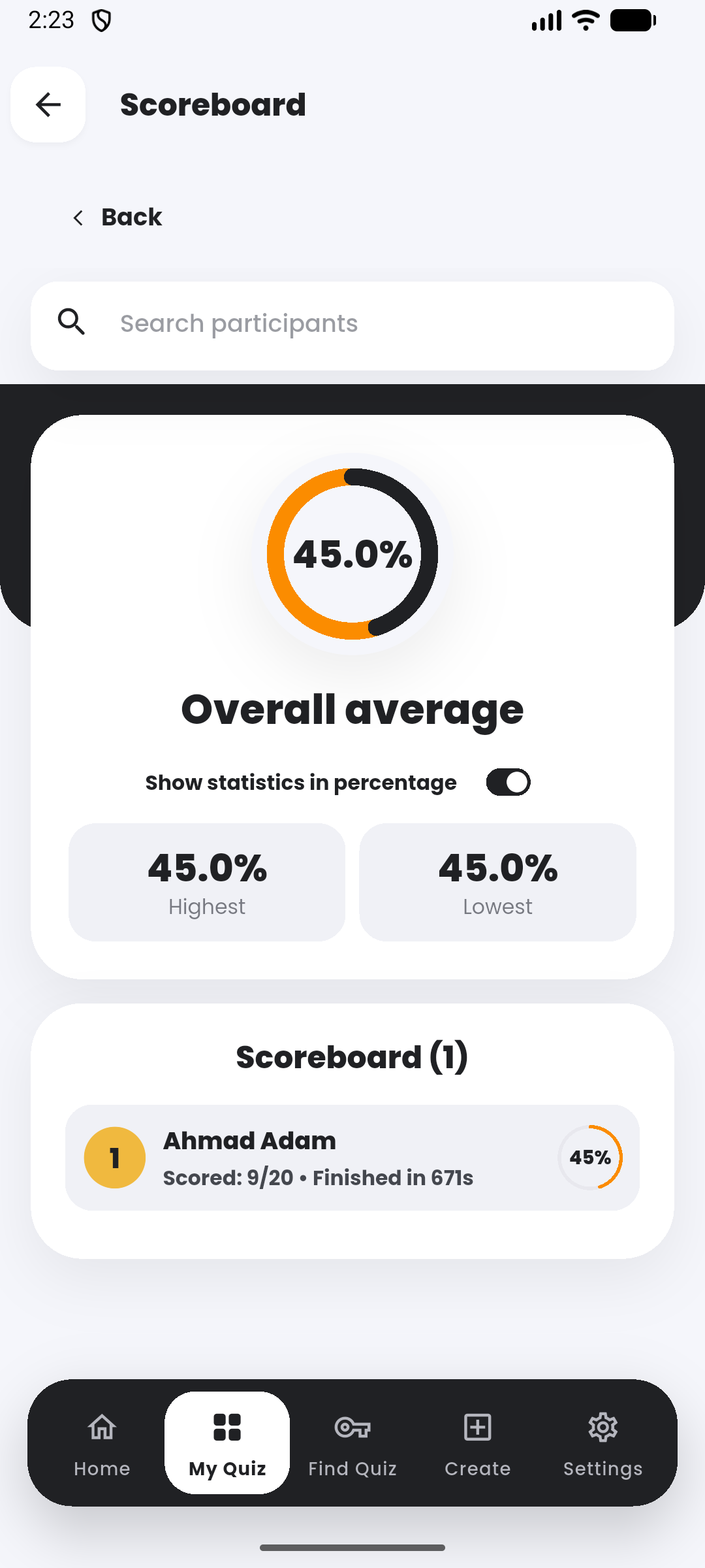 Participant scoreboard in the Quiyo mobile app.