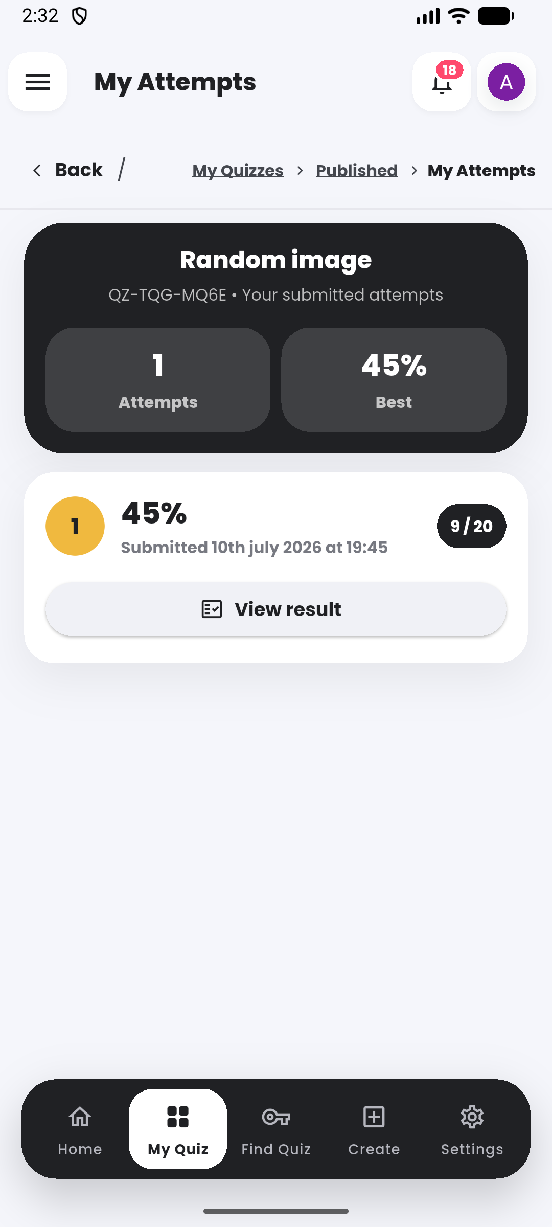 Attempt history in the Quiyo mobile app.