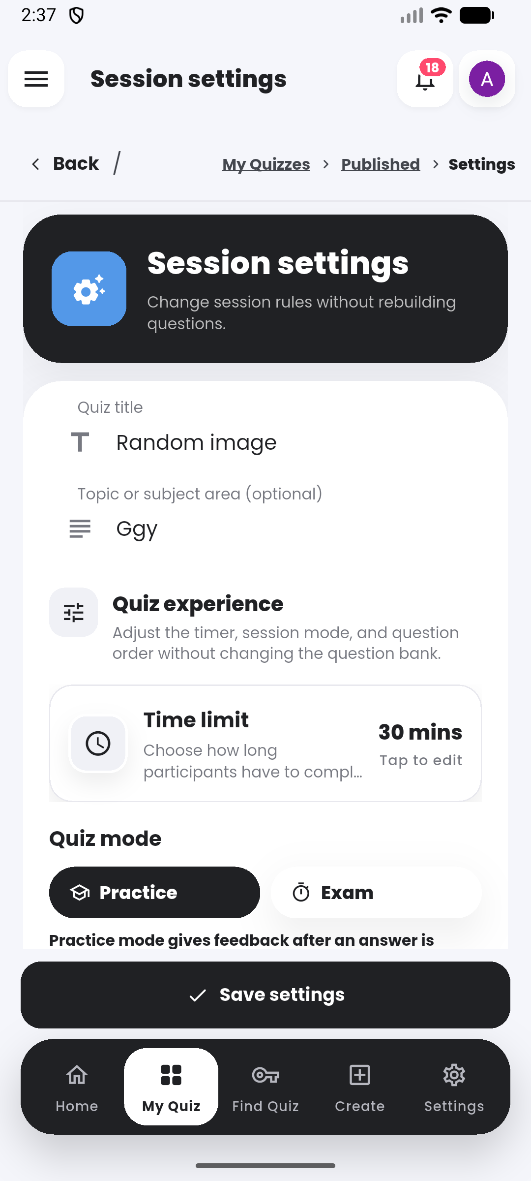Editable session settings in the Quiyo mobile app.