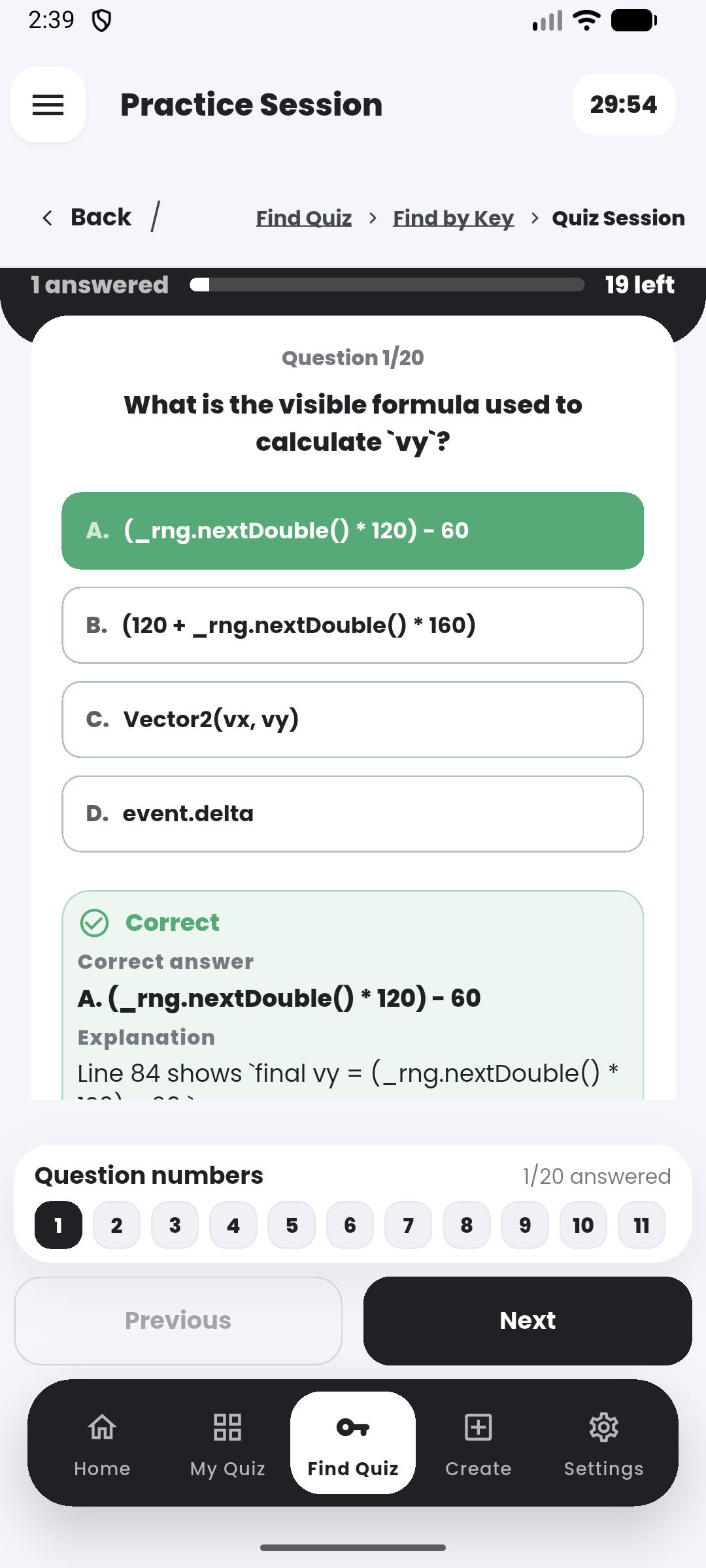Practice feedback in the Quiyo mobile app.