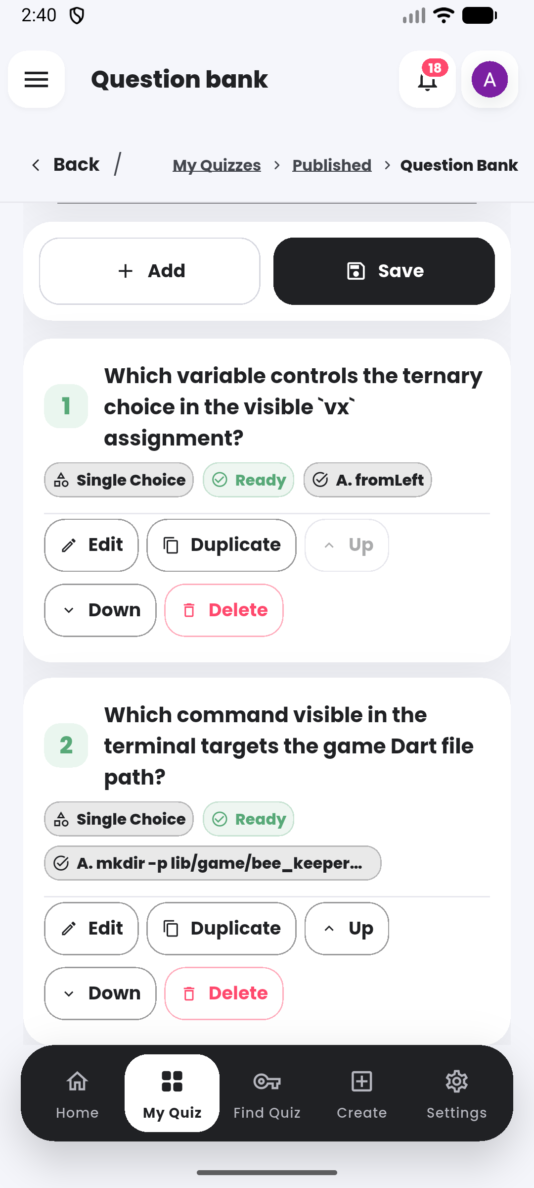 Question-bank control in the Quiyo mobile app.