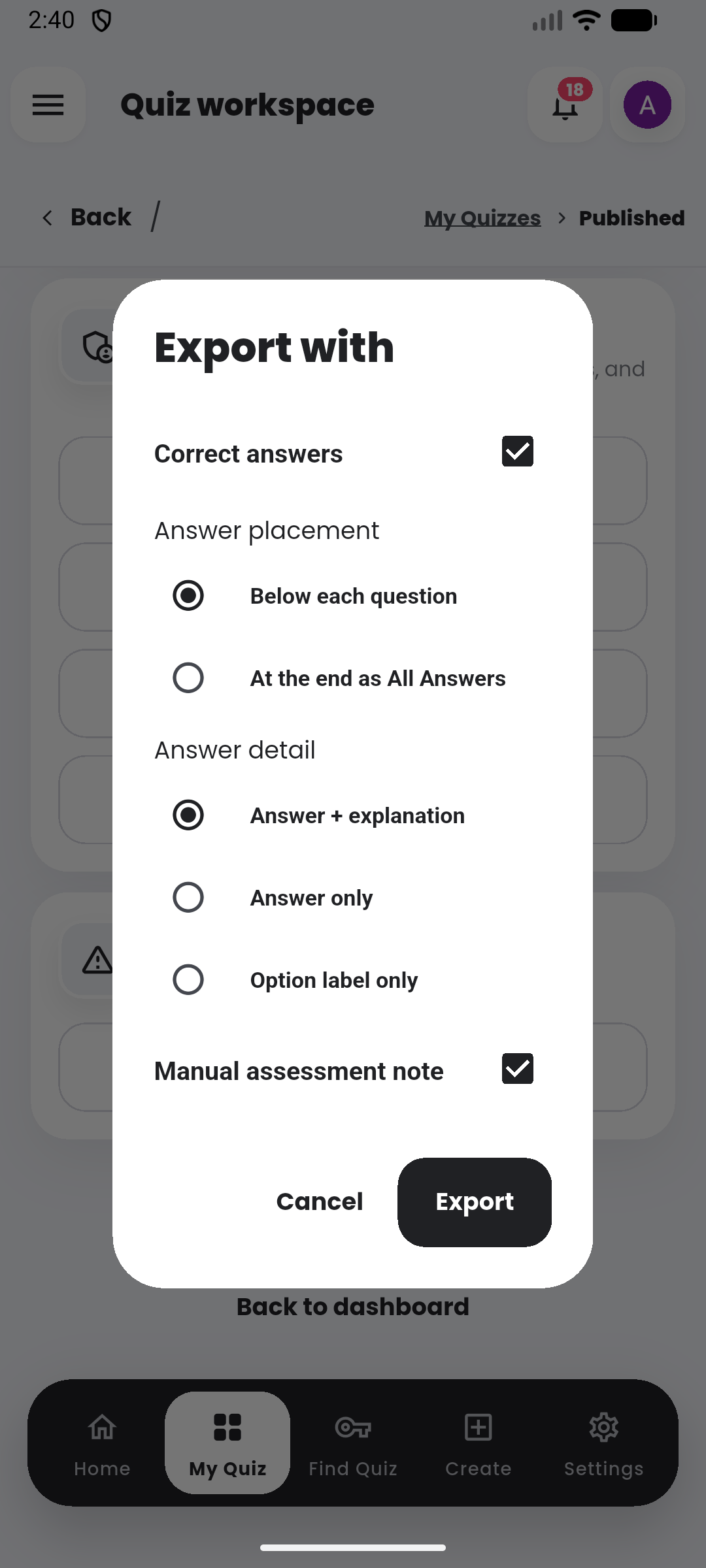 Question export options in the Quiyo mobile app.