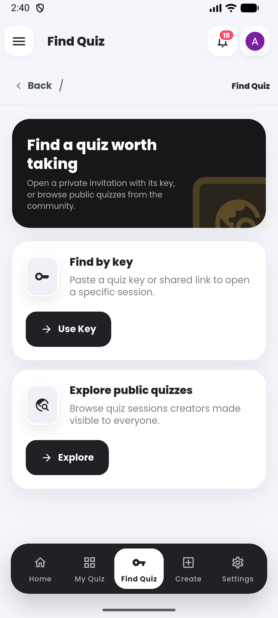 Find the right quiz in the Quiyo mobile app.