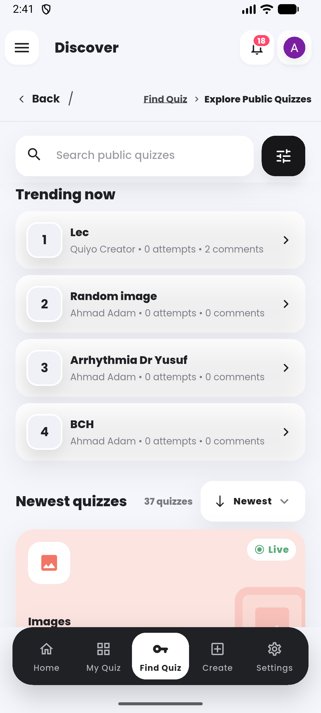 Free public quiz discovery in the Quiyo mobile app.