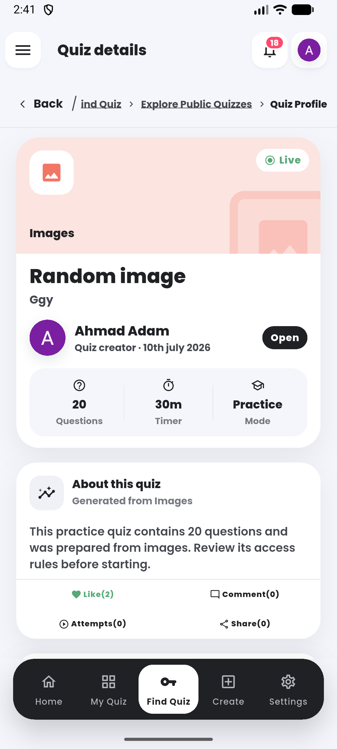 Quiz profiles in the Quiyo mobile app.