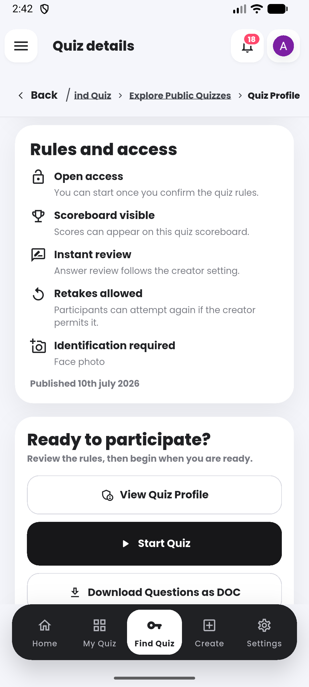 Rules before entry in the Quiyo mobile app.