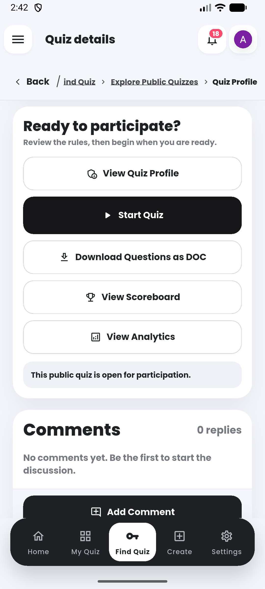 Participation controls in the Quiyo mobile app.