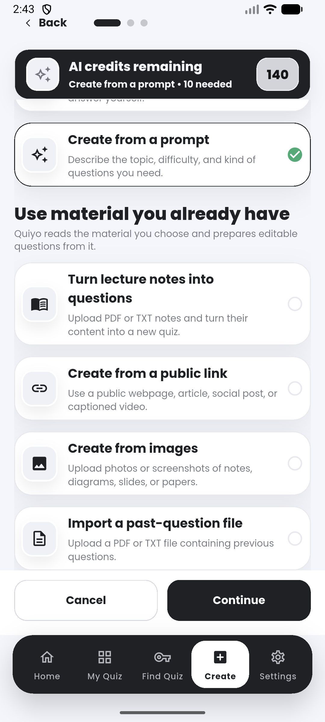 Bring existing material in the Quiyo mobile app.