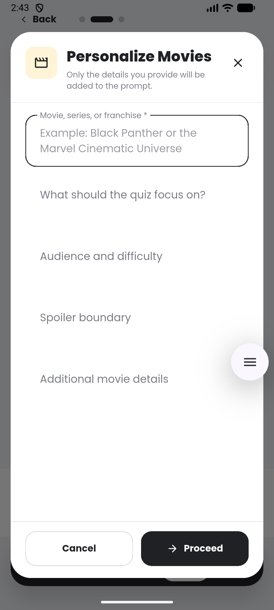 Movie template in the Quiyo mobile app.