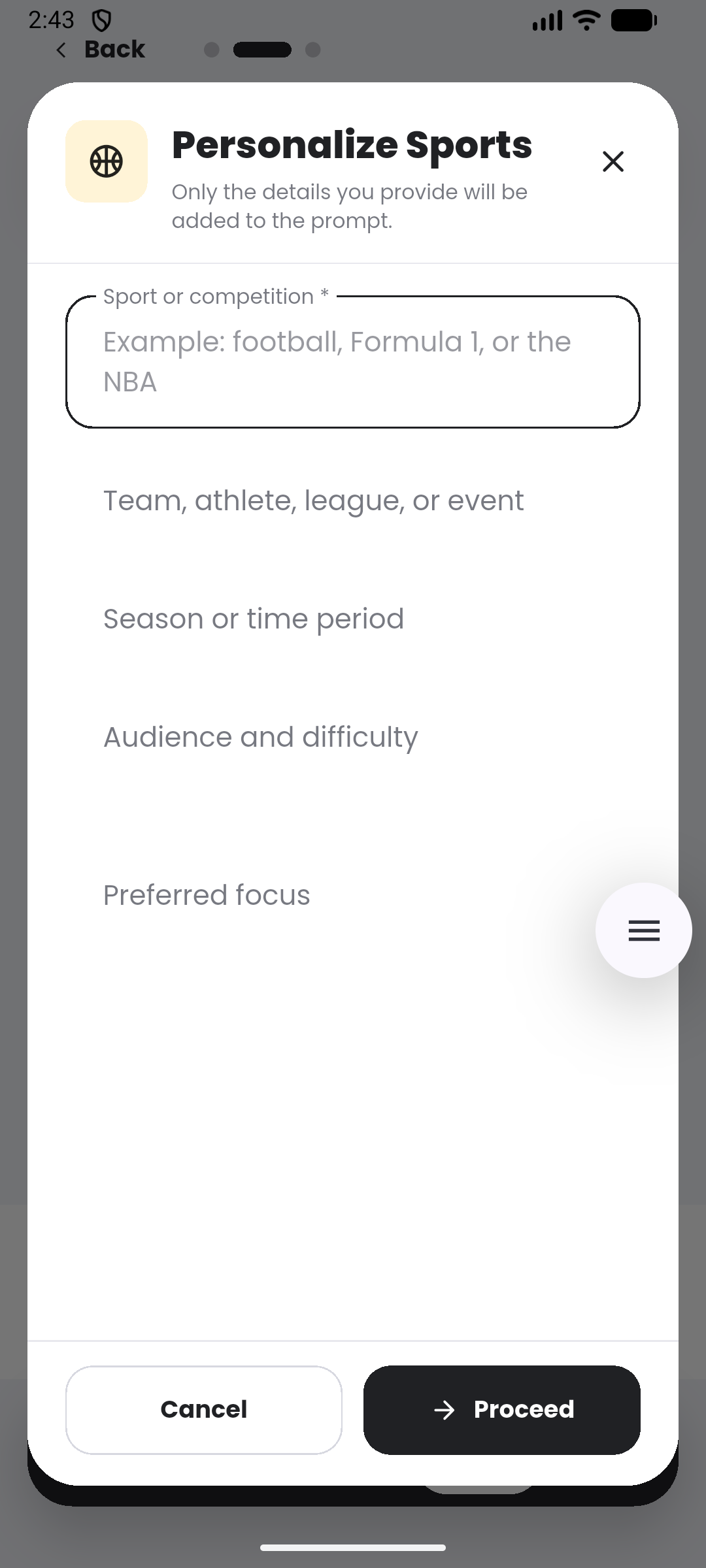 Sports template in the Quiyo mobile app.
