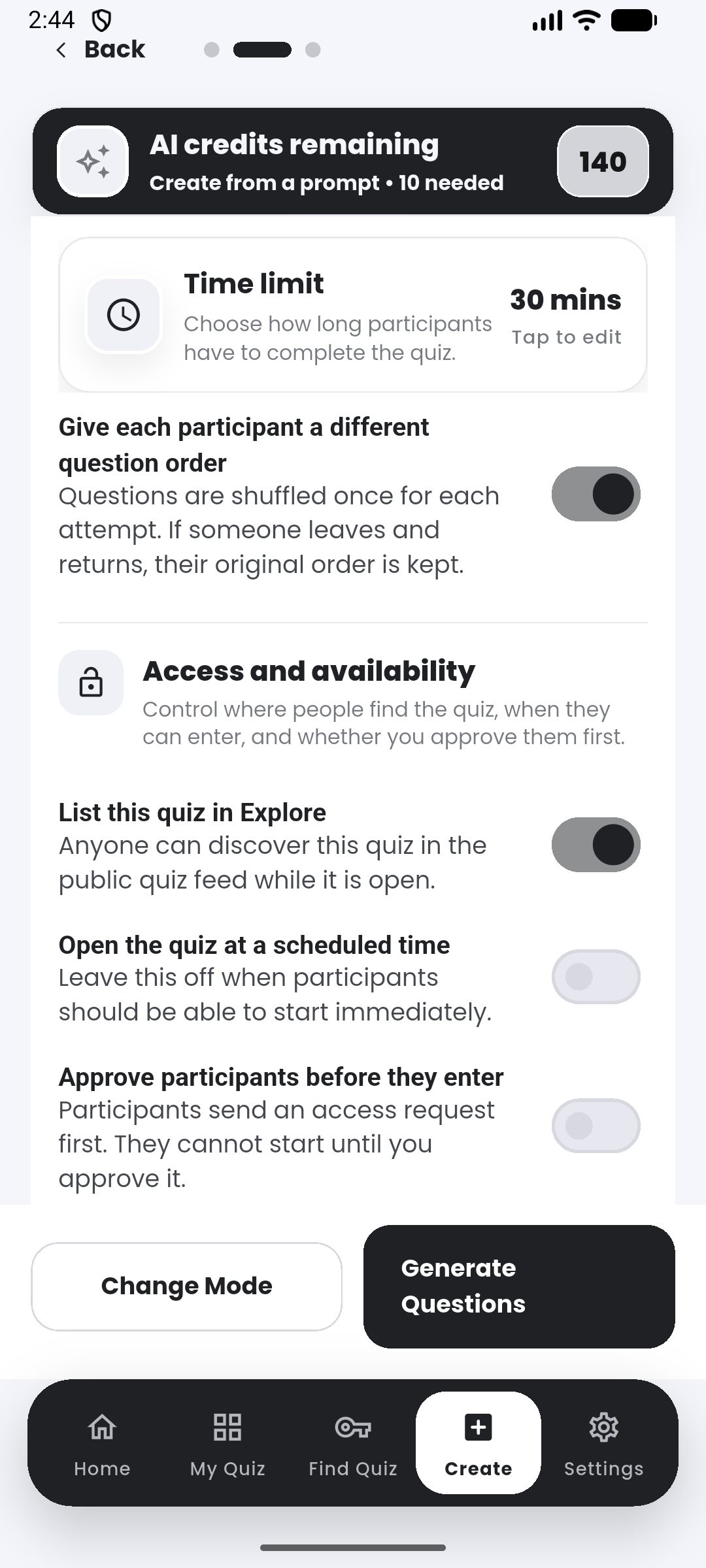 Session rules in the Quiyo mobile app.