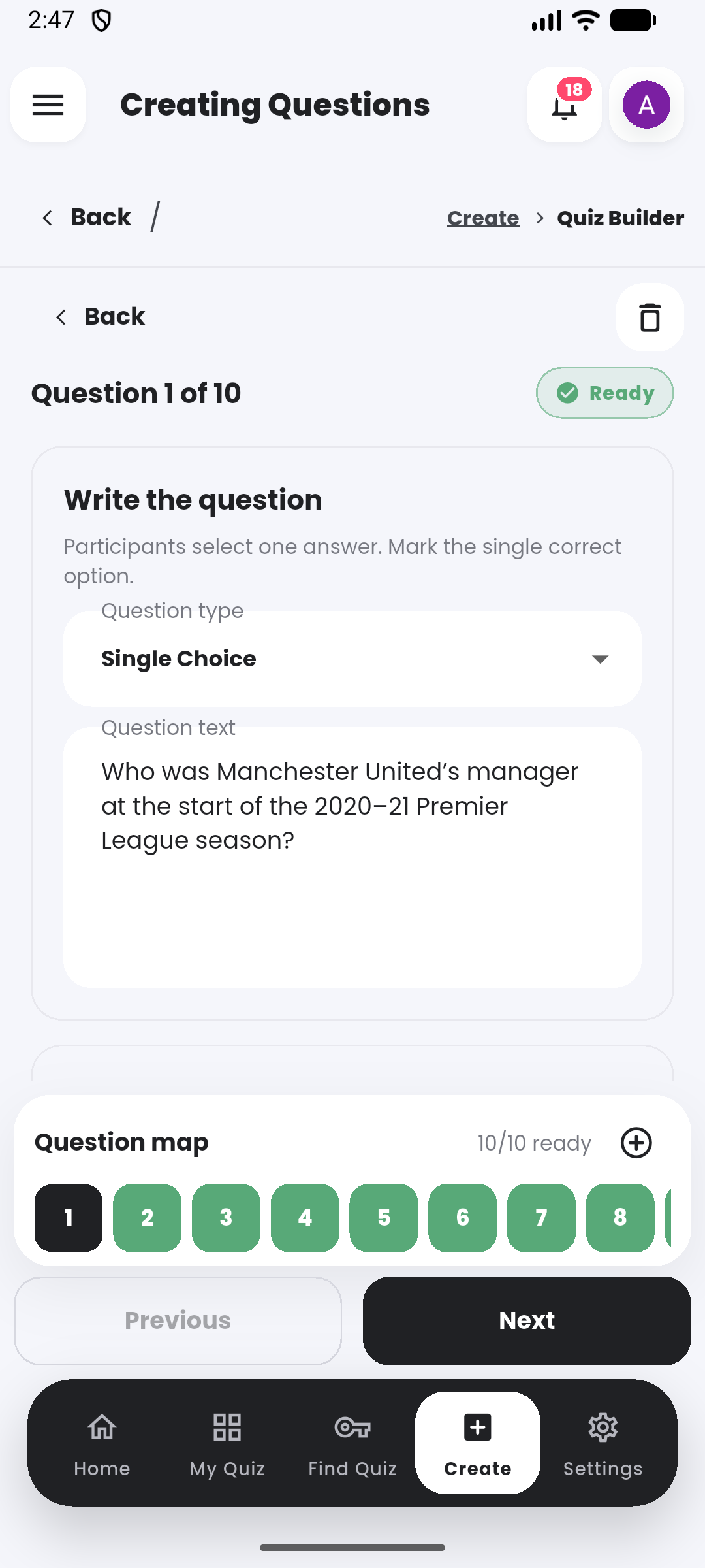 Focused question editor in the Quiyo mobile app.