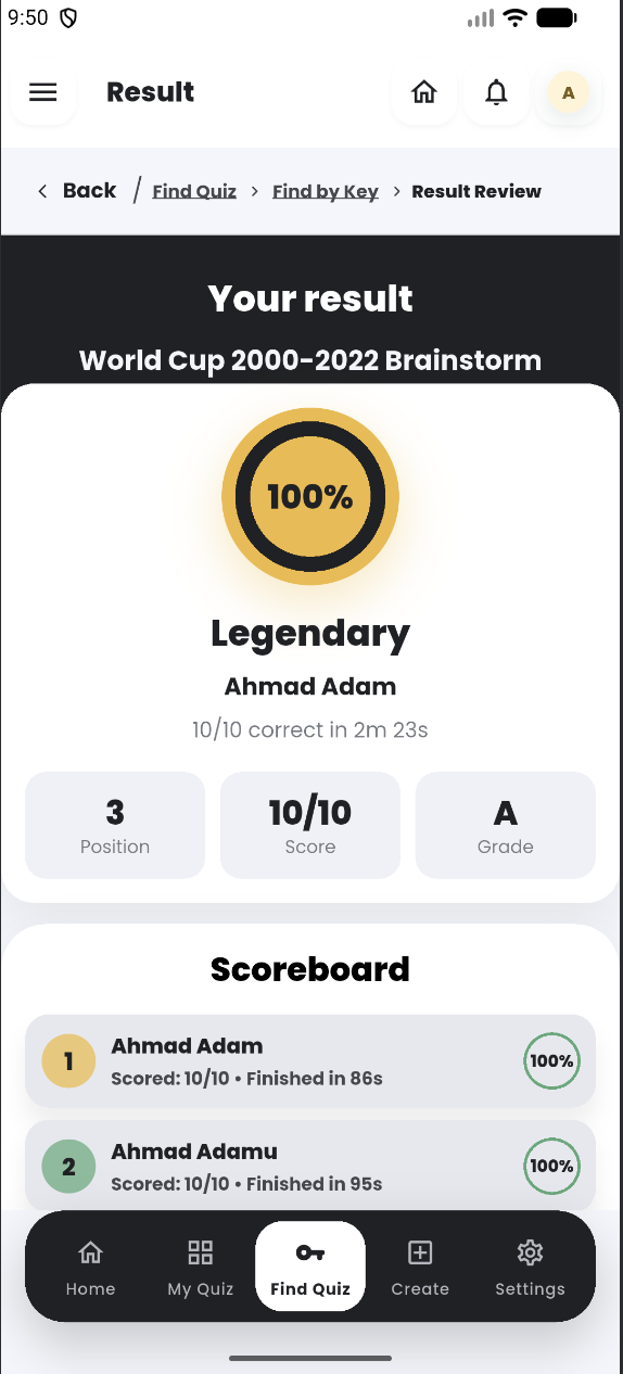 Quiyo mobile result review showing score, grade, and scoreboard.