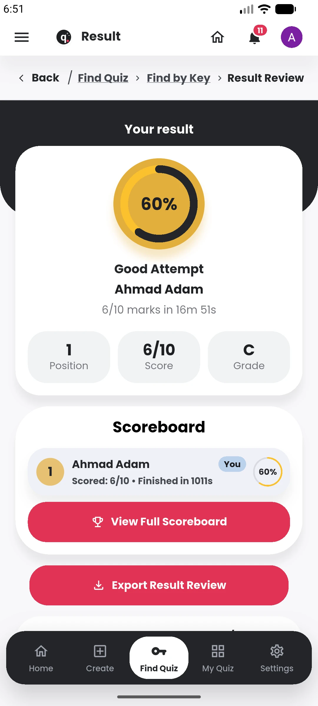 Quiyo mobile result showing score, grade, position and scoreboard.